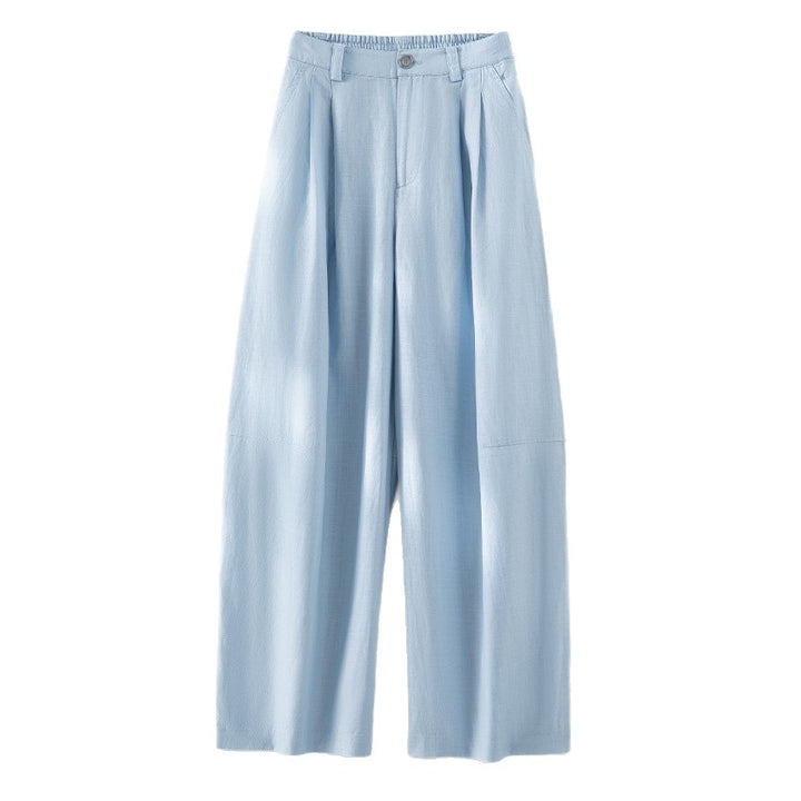Damen weite Leinenoptik-Hose mit hoher Taille, Bügelfalte und elastischem Rückenteil Drune