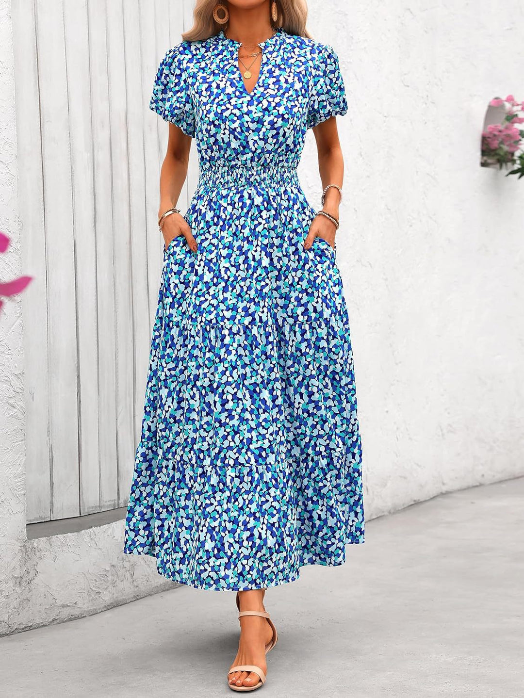 Damen Maxi-Kleid mit floralen Mustern und rüschendem Saum Drune