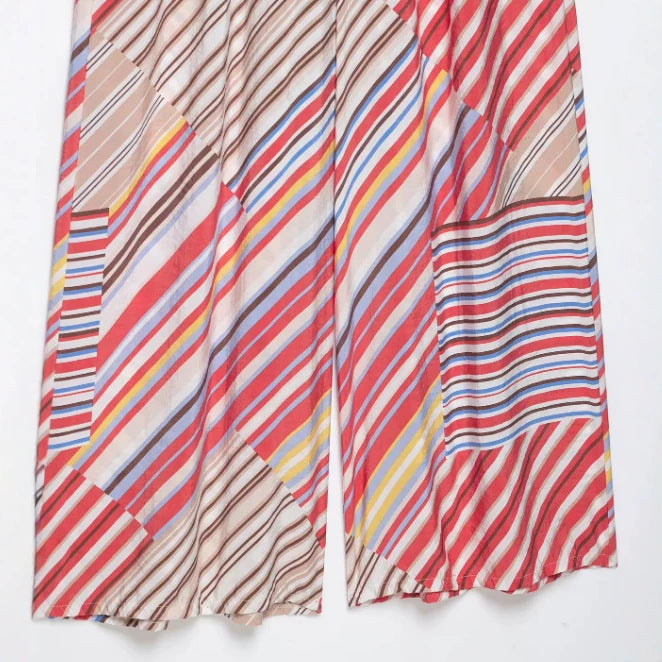 Damen Weite Palazzo‑Hose mit elastischem Bund, Tunnelzug und gestreiftem Patchwork‑Print Drune