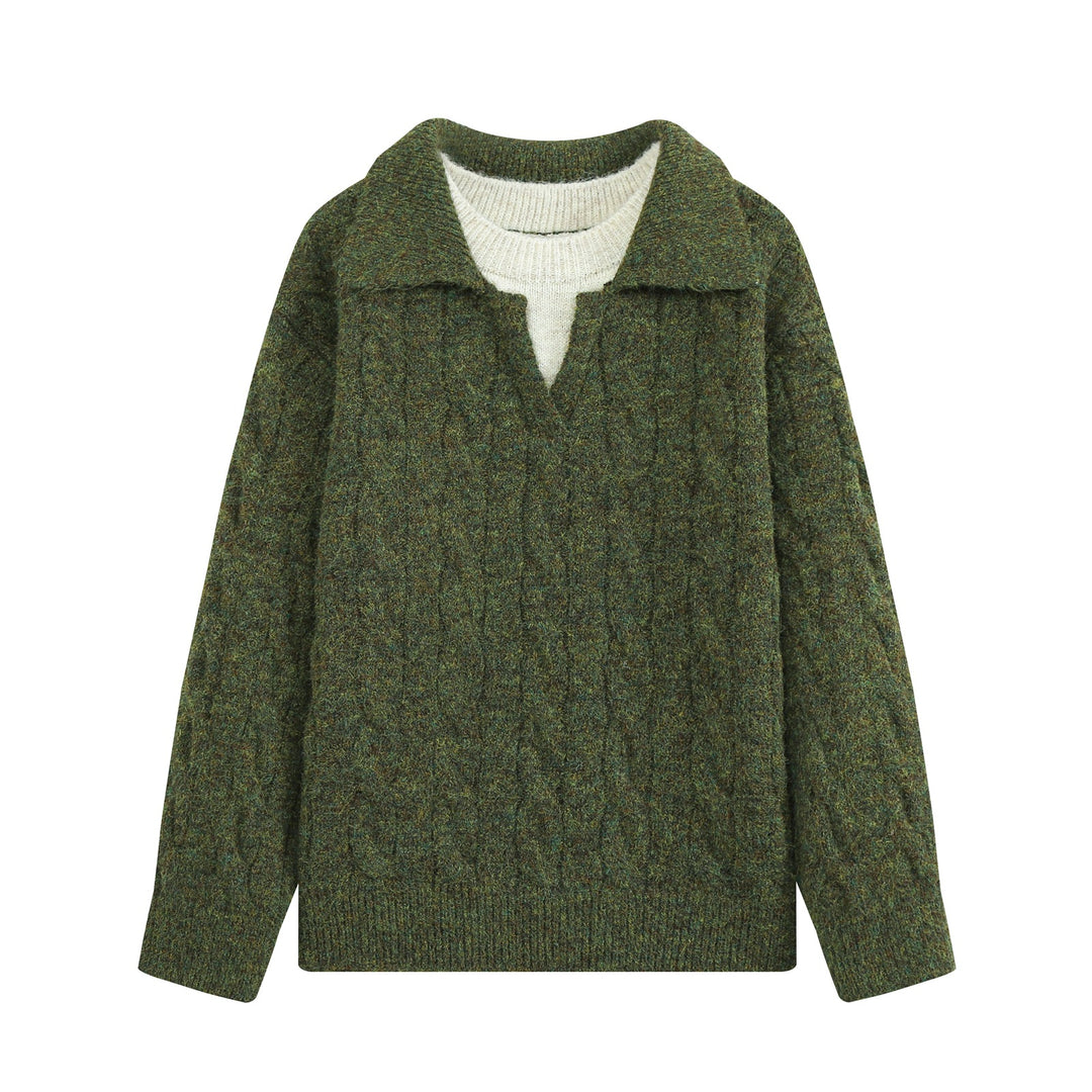 Damen Oversize Zopfstrickpullover mit weitem Umlegekragen und innerem Rippkragen Drune