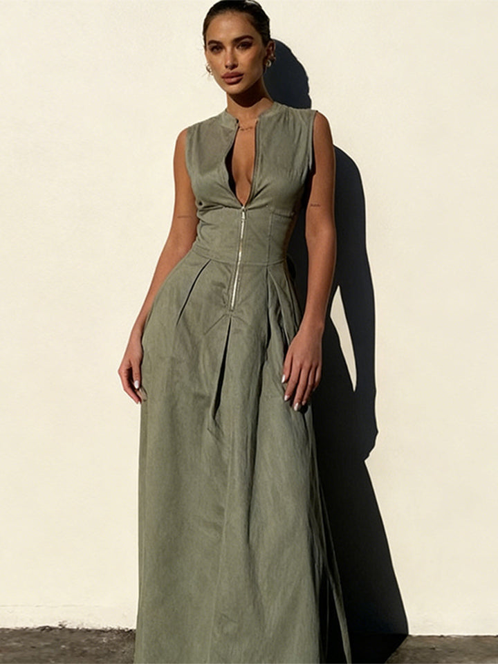 Damen elegantes Sommerkleid mit hochwertigem Reißverschluss und schwingendem Saum Drune