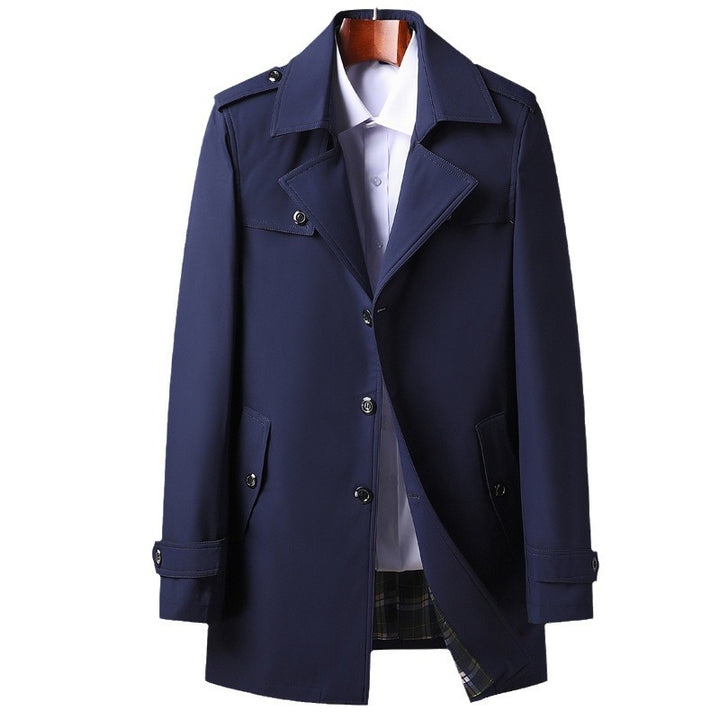 Herren Midilanger Funktions-Trenchcoat mit Schulterklappen, Pattentaschen und kariert gefütterter Innenblende Drune