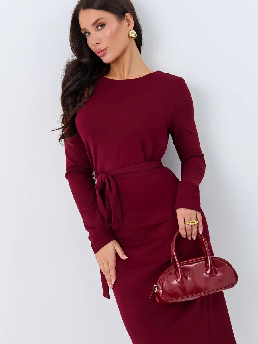 Drune | Rundhalsausschnitt Langarm Knoten Taille Pullover Kleid