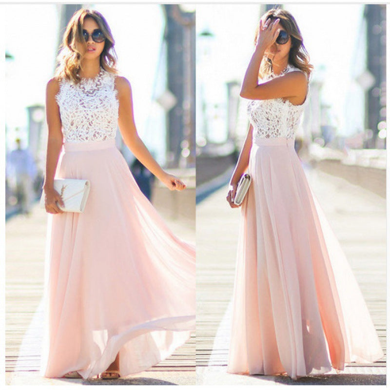 Damen Maxikleid mit floralem Spitzenoberteil und fließendem Rock Drune