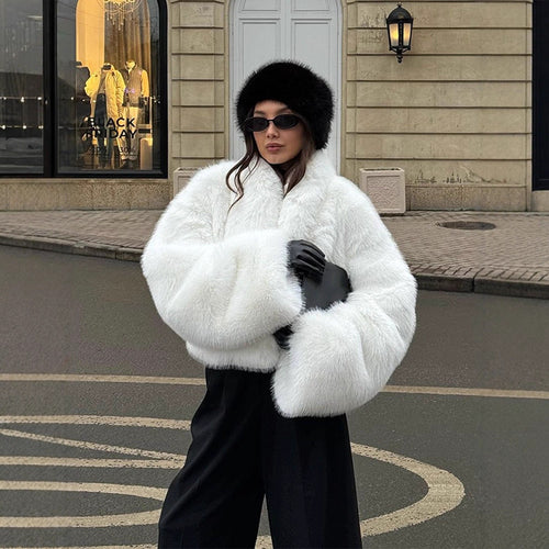 Damen Kurze kuschelige Faux‑Fur‑Bomberjacke mit voluminösem Schalkragen und kastiger Silhouette Drune