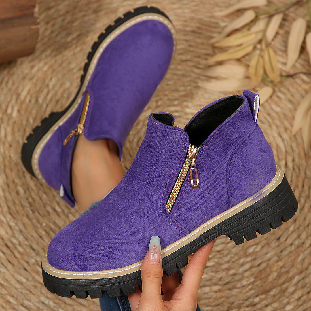 Damen Kurzschaft-Stiefelette aus Veloursoptik mit robust profilierter Sohle und seitlichem Reißverschluss Drune
