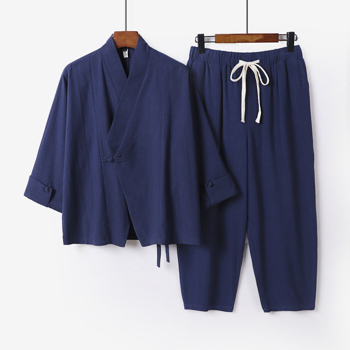 Herren Atmungsaktives Leinen-Baumwoll Lounge-Set mit asymmetrischem V-Kragen und elastischer Kordelhose Drune