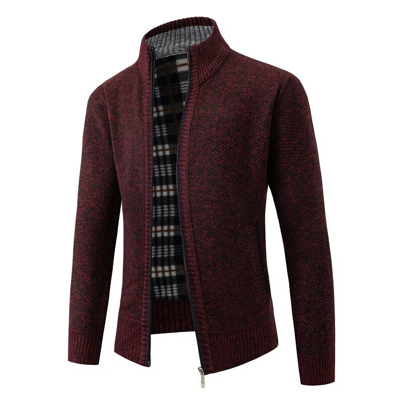 Herren Strukturiertes Zip-Strickjacke mit Karo‑Fleece‑Futter und Stehkragen Drune