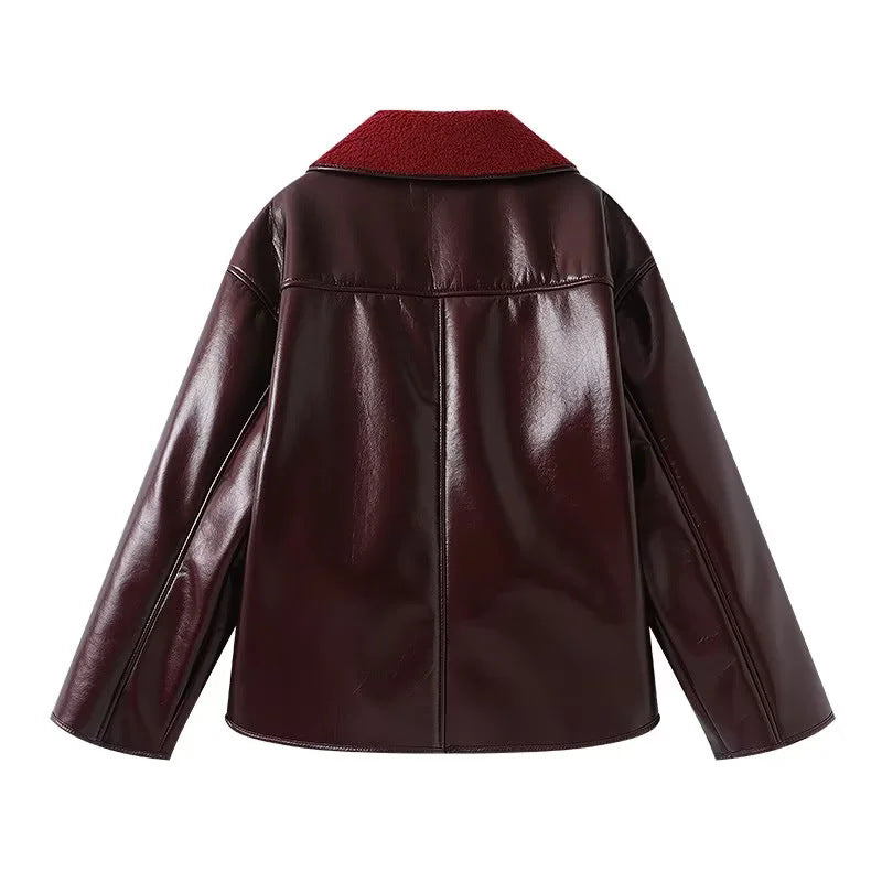 Damen nan kastige Kunstlederjacke mit Teddykragen und Taschenbesätzen Drune