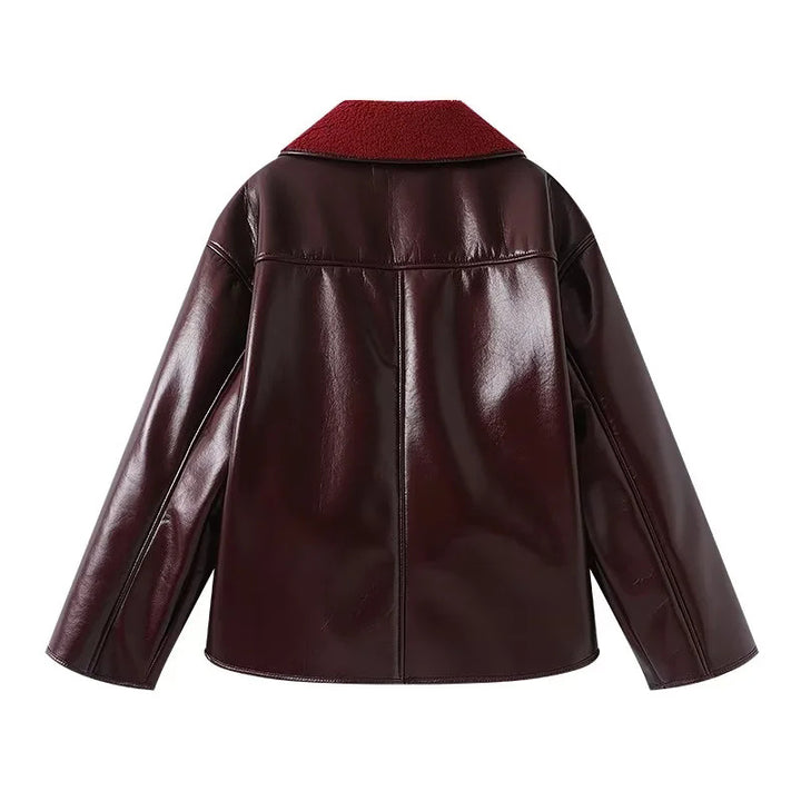 Damen nan kastige Kunstlederjacke mit Teddykragen und Taschenbesätzen Drune