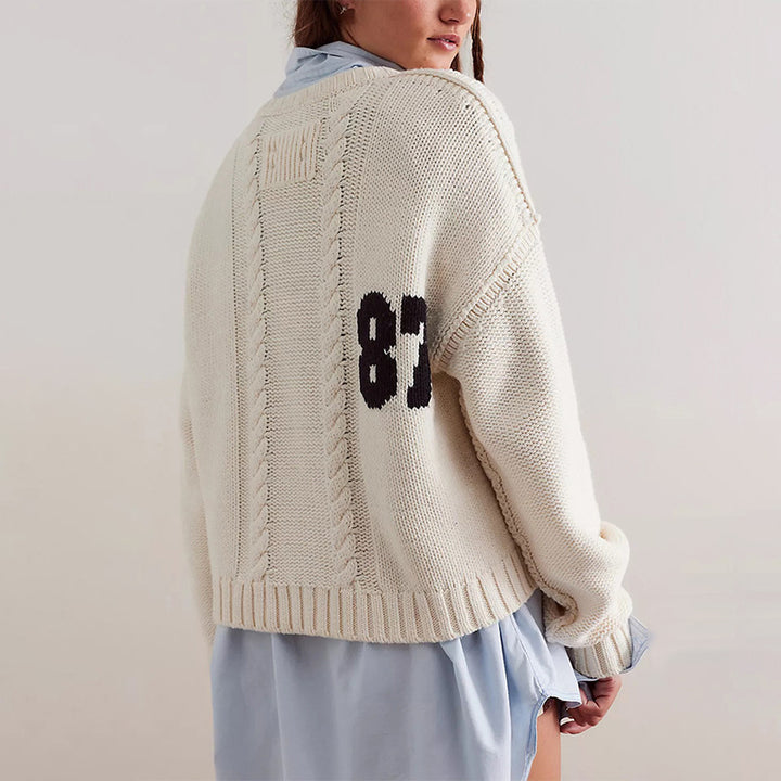 Damen Freizeit Strickpullover mit sportlicher Nummernstickerei Drune