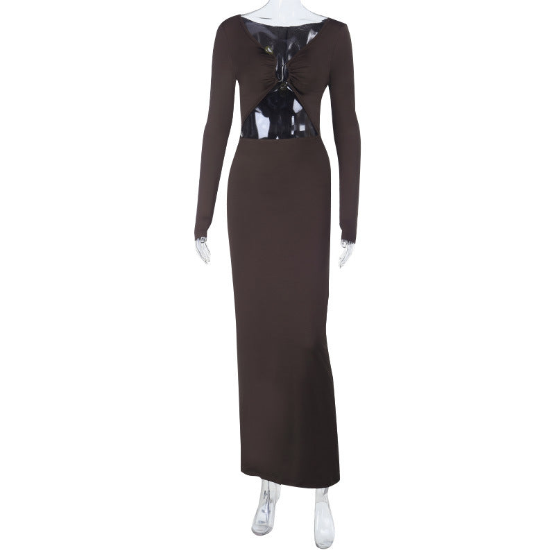 Damen elegantes langes Kleid mit Raffung und tiefem V-Ausschnitt Drune