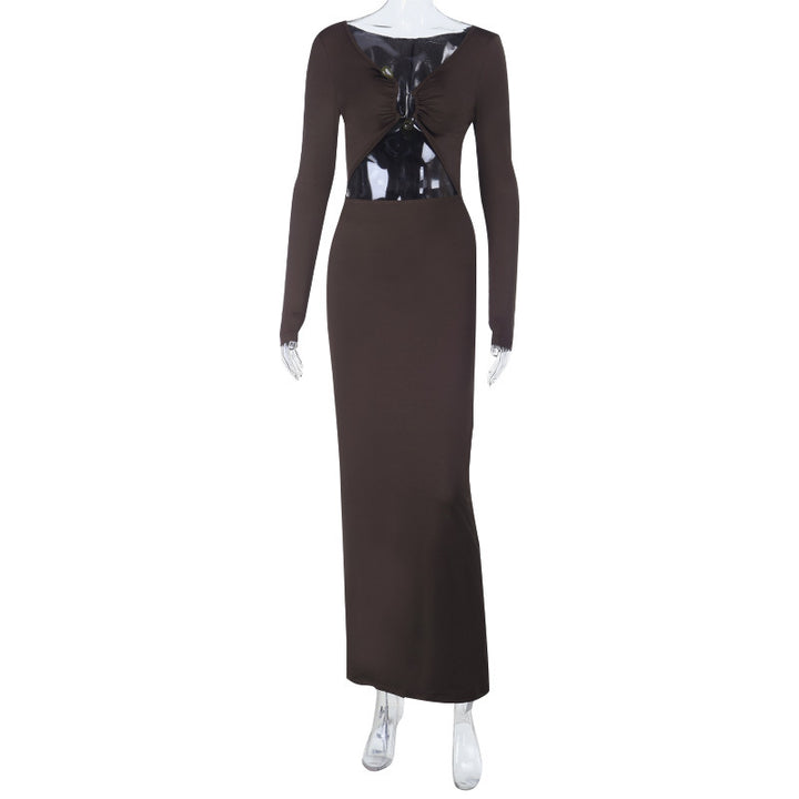 Damen elegantes langes Kleid mit Raffung und tiefem V-Ausschnitt Drune