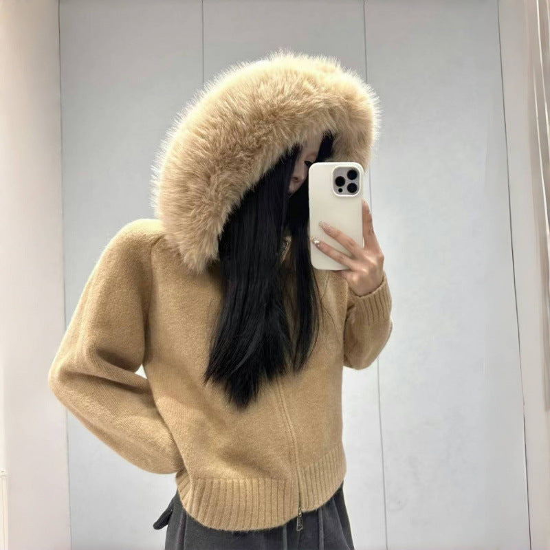 Damen Kapuzenpullover mit luxuriösem Pelzkragen und praktischen Taschen Drune