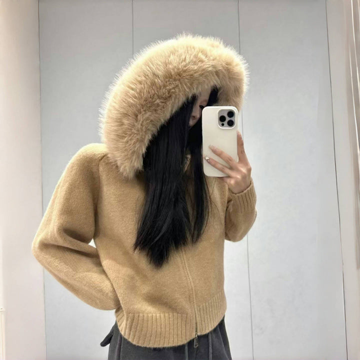 Damen Kapuzenpullover mit luxuriösem Pelzkragen und praktischen Taschen Drune