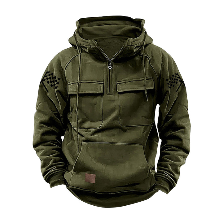 Herren nan Kapuzenpullover mit Halbzip, Cargo-Brusttaschen und Kängurutasche Drune