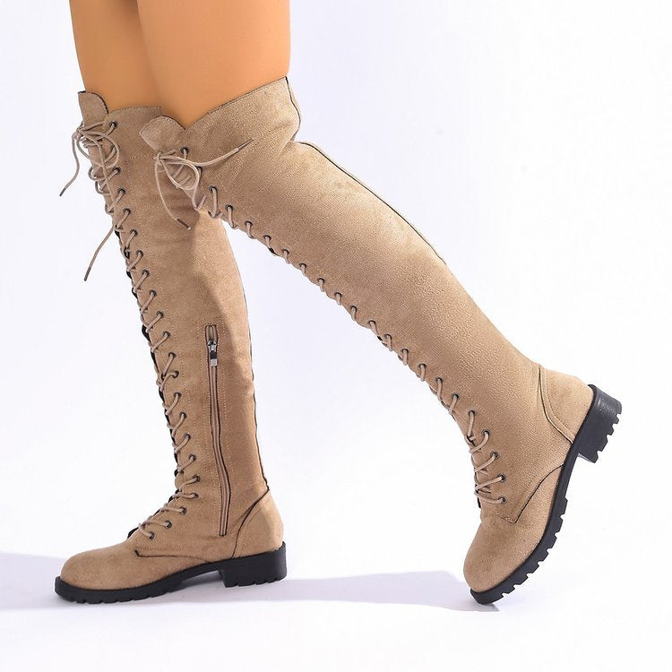 Damen  Overknee-Schnürstiefel mit seitlichem Reißverschluss, dekorativer Schnürung und profiliertem Gummisohle Drune