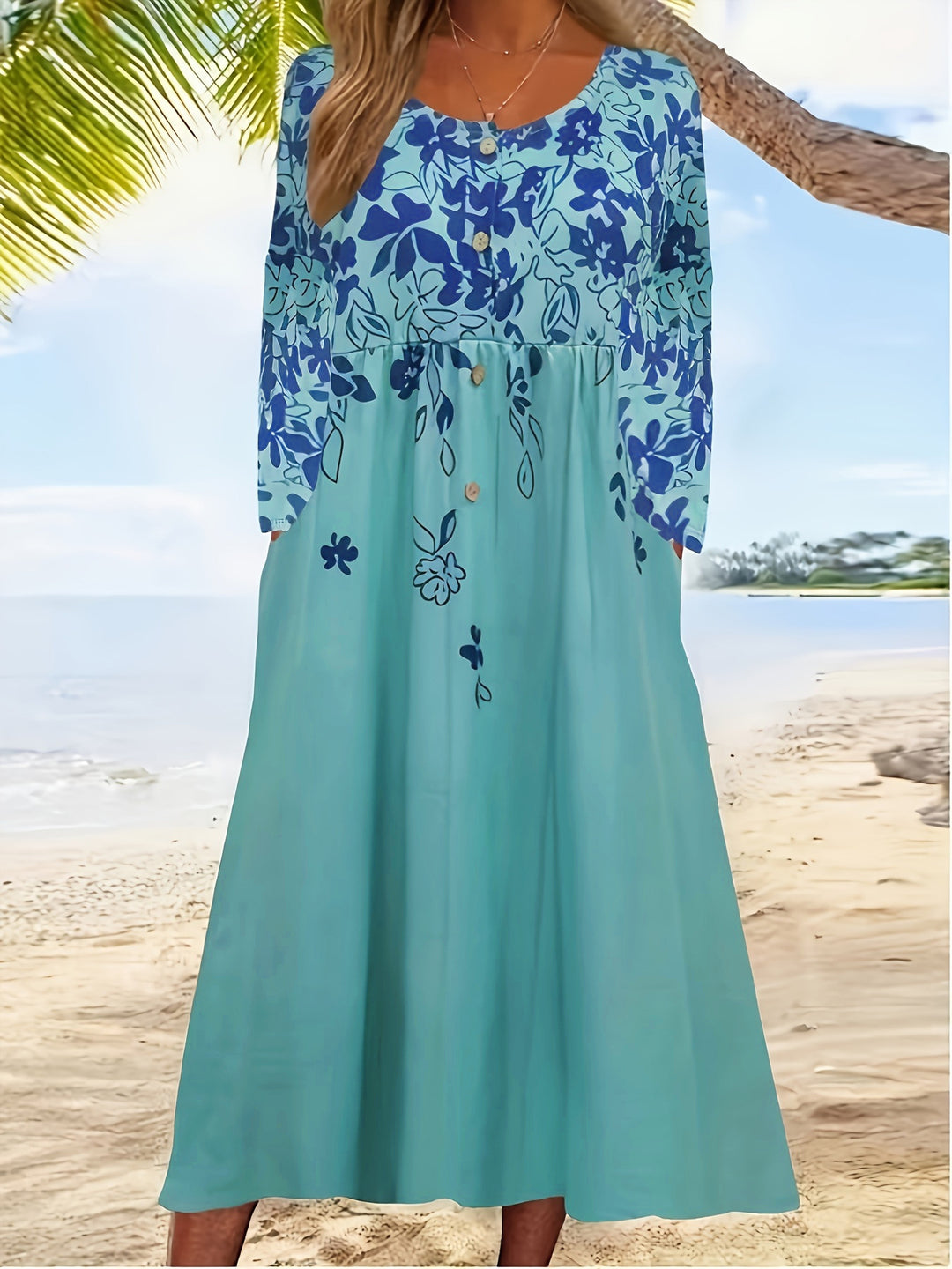 Damen Maxikleid mit V-Ausschnitt, Blumenprint, Knopfleiste und Eingrifftaschen Drune