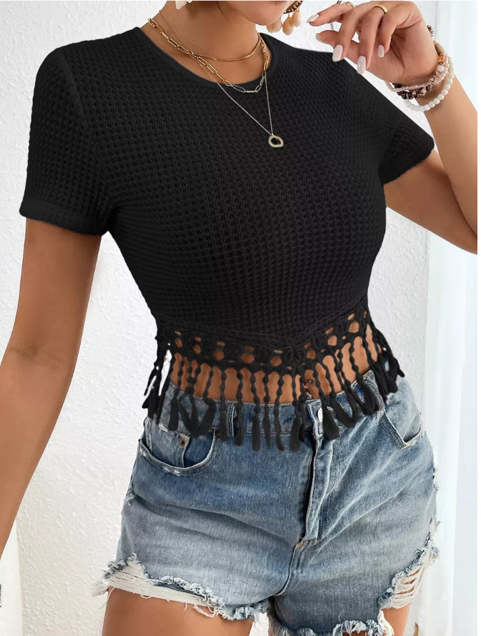 Damen Cropped T-Shirt mit Spitzenabschluss Drune