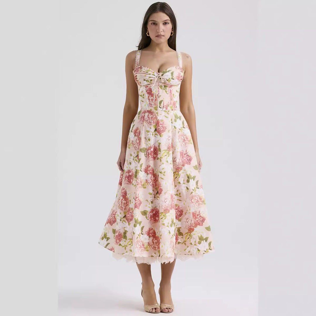 Damen Maxikleid mit floralem Design und elegantem Halsbinde Drune