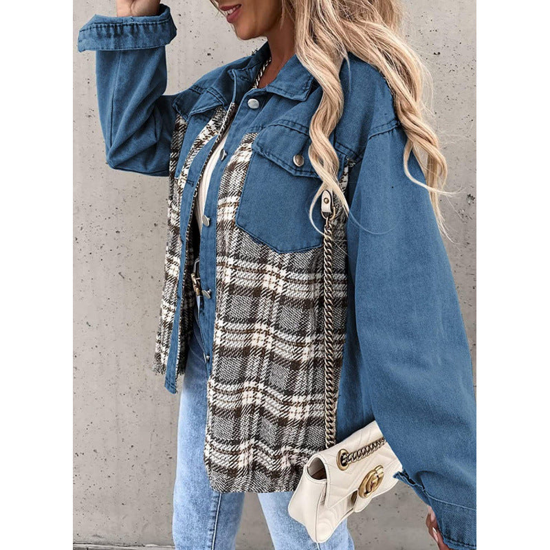 Damen Karomuster Denimjacke mit lässigem Schnitt und modernen Details Drune
