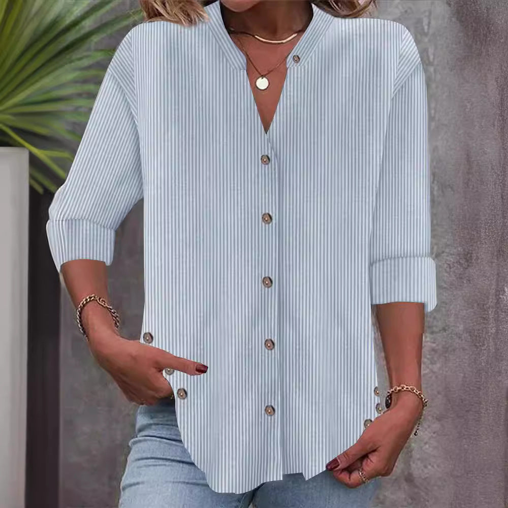 Damen Freizeit Gestreiftes Hemd Bluse mit Stehkragen, Durchgängige Knopfleiste und Roll-up 3/4 Ärmeln Drune