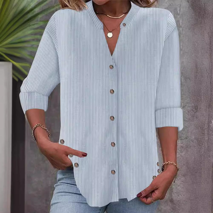 Damen Freizeit Gestreiftes Hemd Bluse mit Stehkragen, Durchgängige Knopfleiste und Roll-up 3/4 Ärmeln Drune