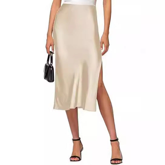 Damen Satin-Midirock mit hohem Schlitz Drune