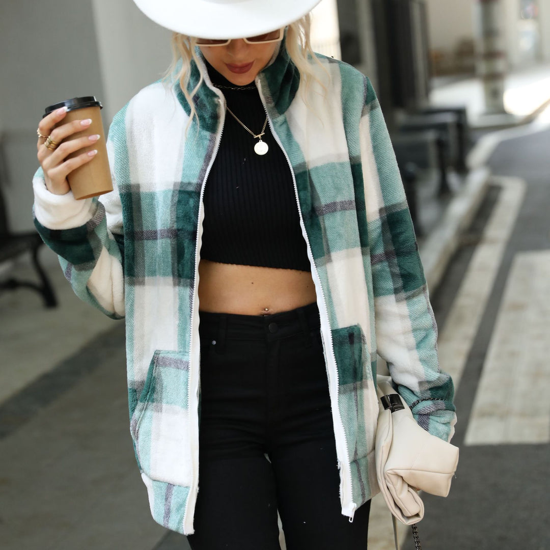 Damen Fleecejacke mit modernem Karomuster und hohen Kragen Drune