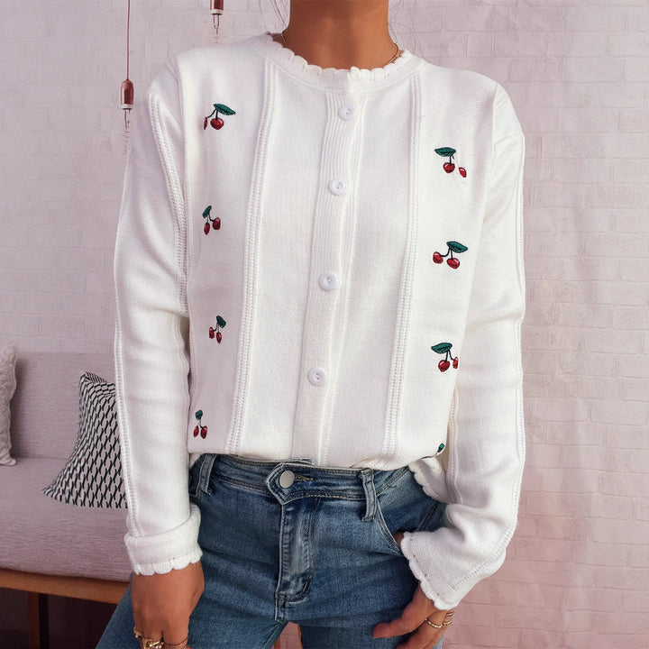 Damen verspielte Strickjacke mit Kirschenmotiv und Rüschenkragen Drune