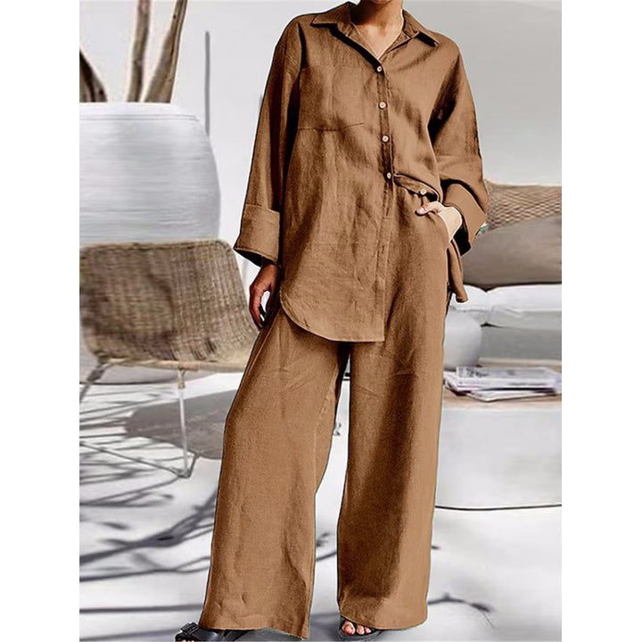 Damen Leinen-Lounge-Set mit weitem Hemd und Palazzo-Hose Drune