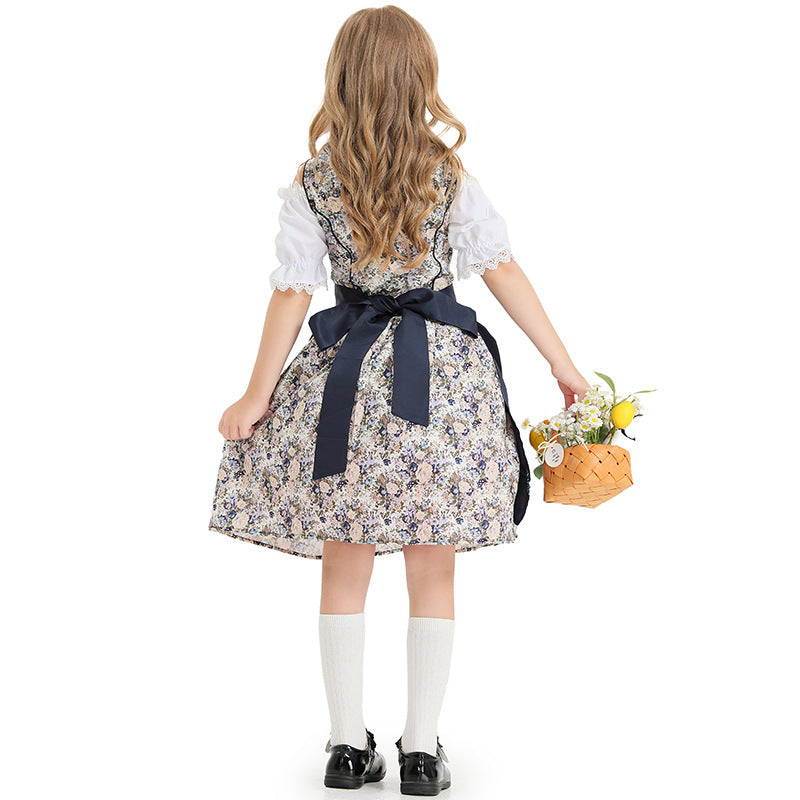 Damen nan kurzes Trachtenkleid mit floraler Miederstickerei, Schnürkorsage und Spitzen-Schürze Drune