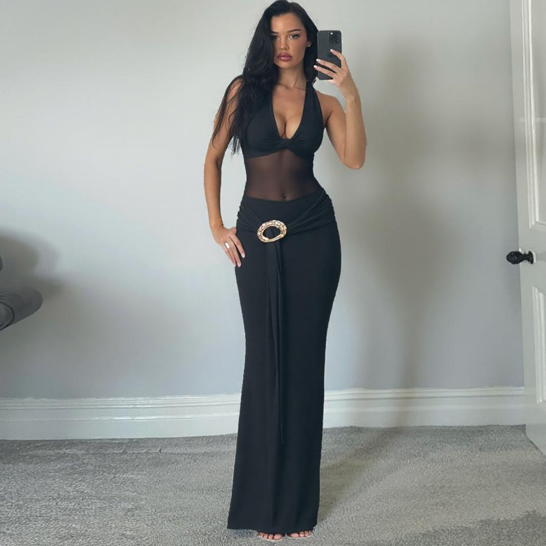 Damen Maxi-Überwurfkleid mit transparentem Material und eleganter Gürtelschnalle Drune