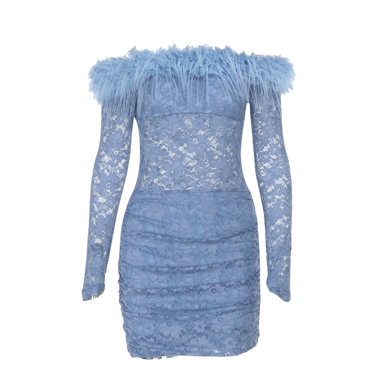 Damen elegantes Spitzenkleid mit federbesetztem Ausschnitt und langem Arm Drune