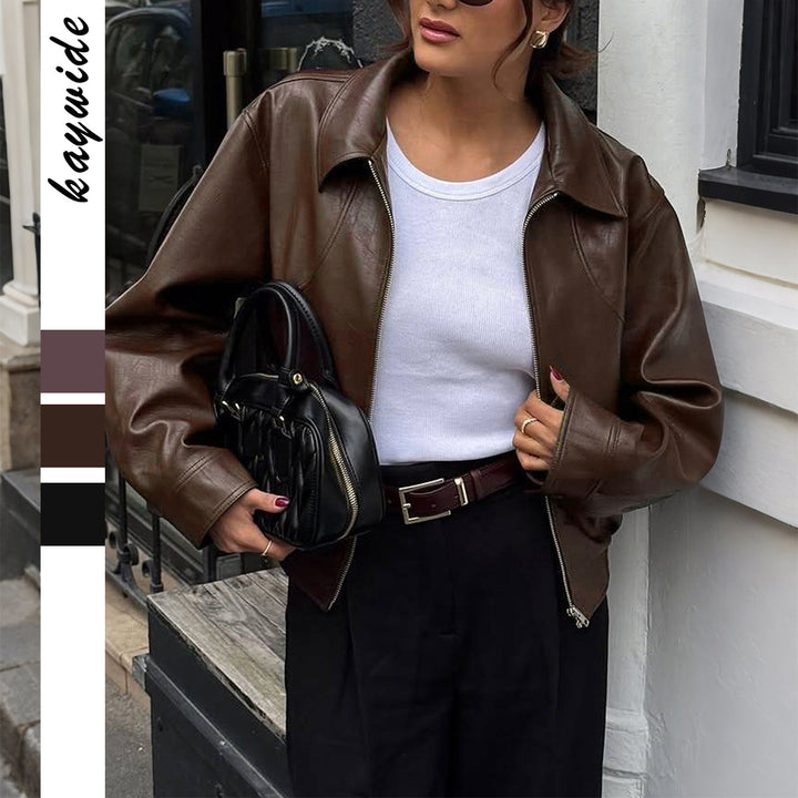 Damen nan kurze Oversize-Lederjacke mit Hemdkragen, sichtbarem Reißverschluss und lässiger Silhouette Drune
