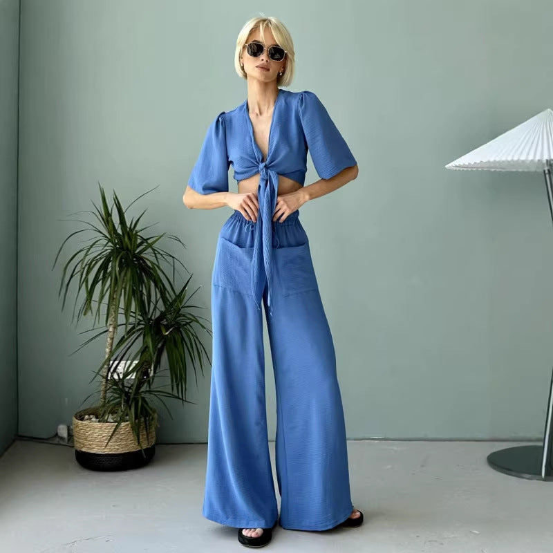 Damen lässiges Crop-Top und weite High-Waist-Hose Set Drune