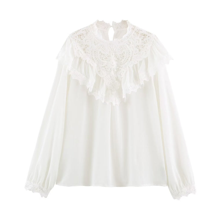 Damen Romantische Spitzenbluse mit Volants und Stehkragen Drune