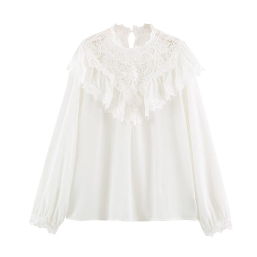 Damen Romantische Spitzenbluse mit Volants und Stehkragen Drune