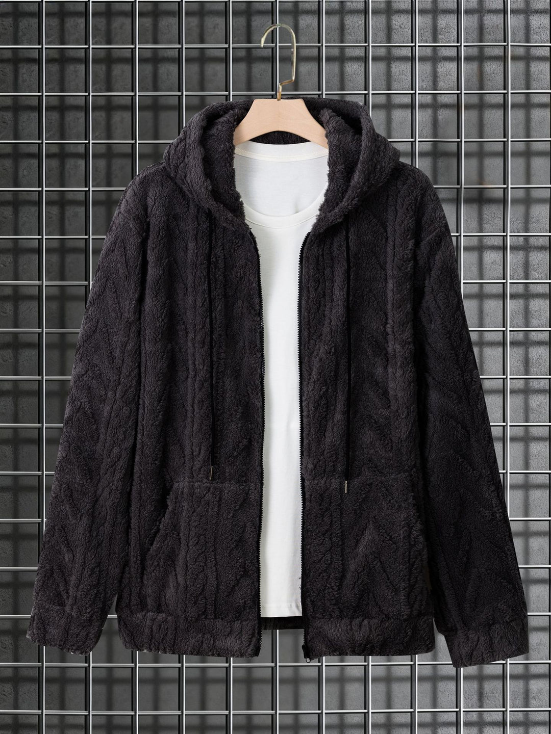 Herren kuschelige Kapuzenjacke aus Teddyfleece mit durchgehendem Reißverschluss und Kängurutaschen Drune