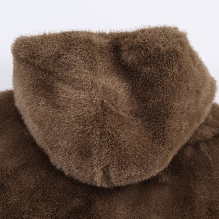 Damen Weiche und luxuriöse Jacke aus Kunstpelz mit Kapuze und praktischen Taschen Drune