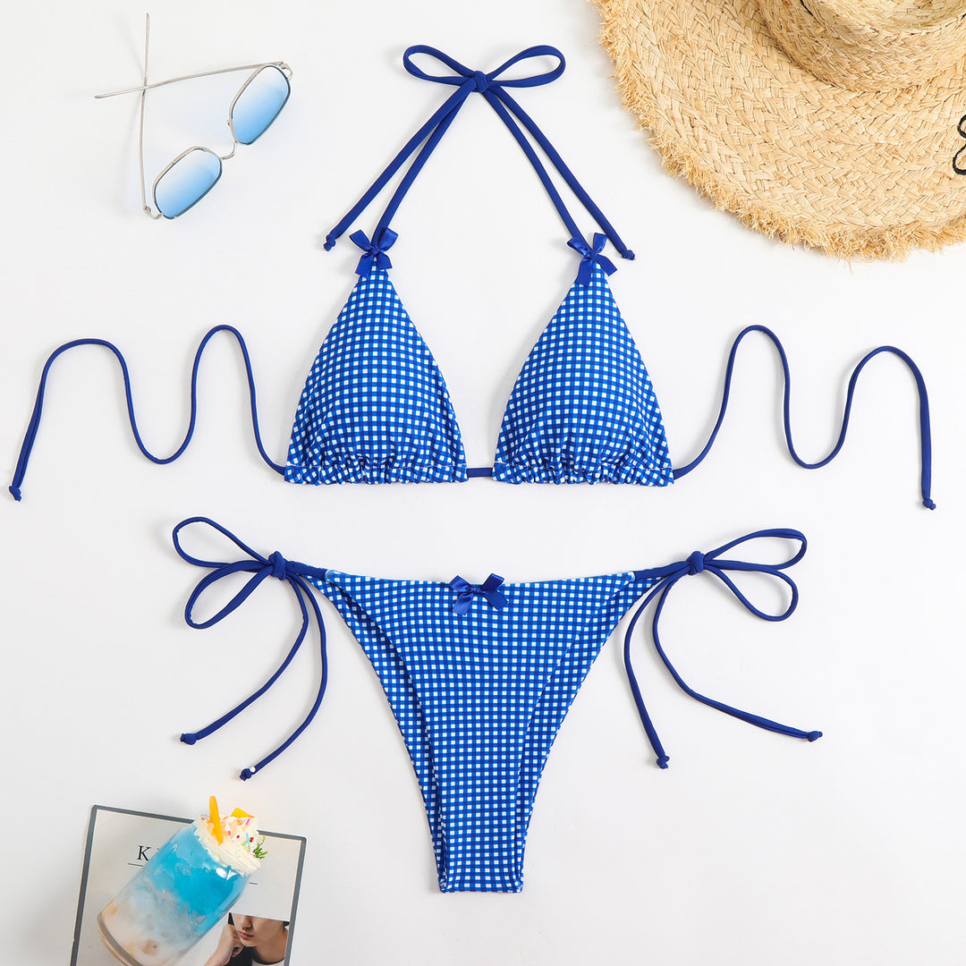 Damen Triangel-Bikini mit verspieltem Karomuster und bindbaren Trägern Drune