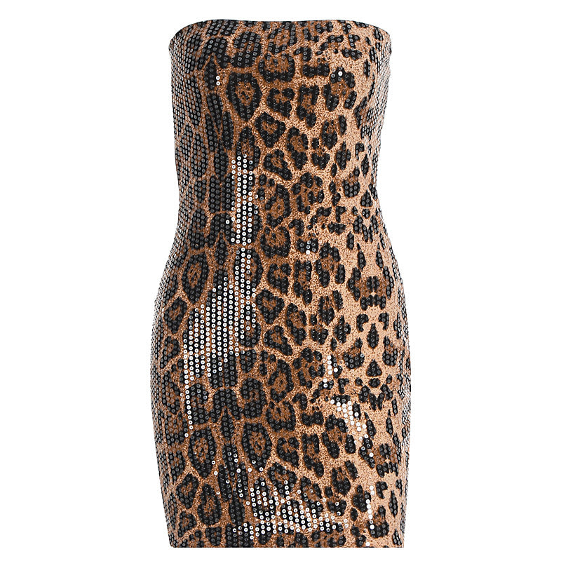 Damen Glitzerndes Minikleid mit Leopardenmuster und Spaghettiträgern Drune
