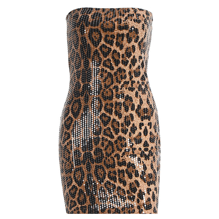 Damen Glitzerndes Minikleid mit Leopardenmuster und Spaghettiträgern Drune