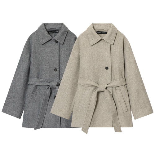 Damen nan kurzer Wollmix-Mantel mit Bindegürtel, überschnittener Schulter und aufgesetzten Taschen Drune