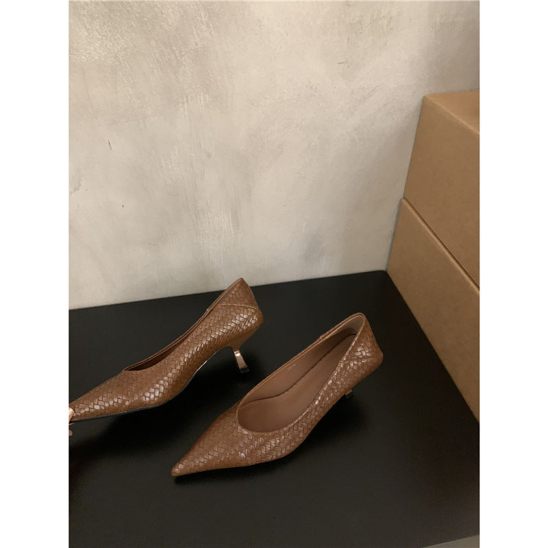 Damen Elegante spitz zulaufende Flechtleder-Pumps mit sculpted Kitten-Absatz Drune