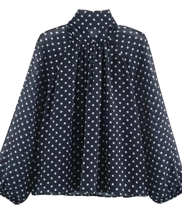 Damen 100+ Chiffonbluse mit Schleifenkragen, Puffärmeln und Tupfenprint Drune