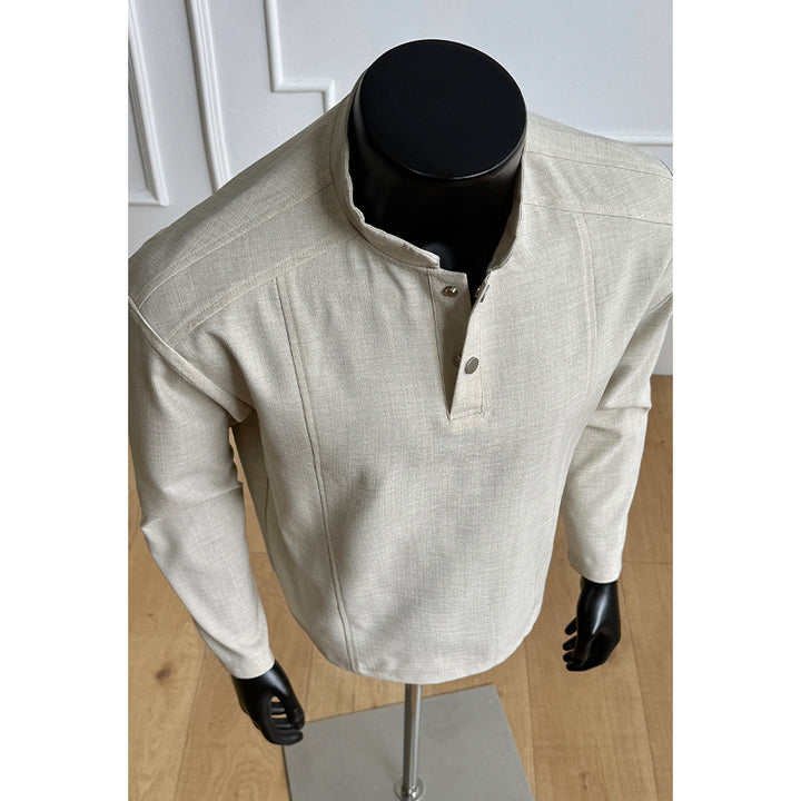 Herren Elegant modernes Langarm-Shirt mit Stehkragen und Knopfleiste Drune