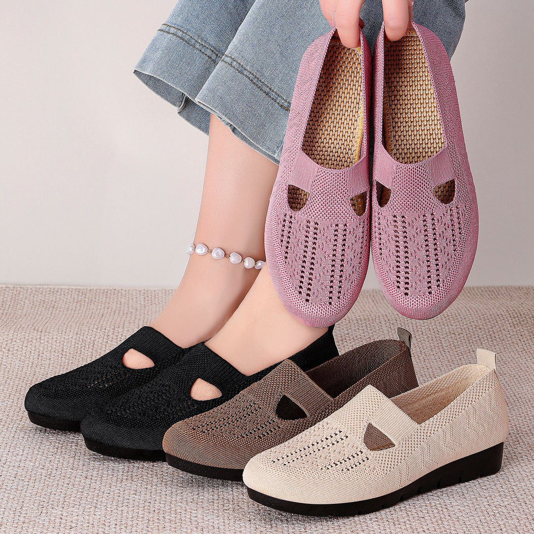 Damen nan atmungsaktiver gestrickter Mary-Jane-Slipper mit elastischem Riemen und rutschfester Keilsohle Drune
