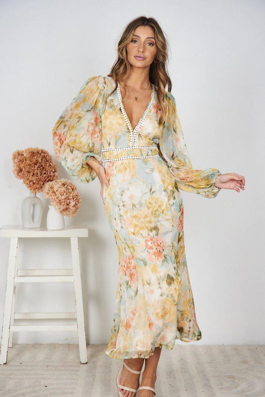 Damen Maxikleid mit voluminösen Ärmel und dekorativen Details Drune