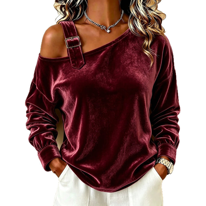 Damen Samt-Sweatshirt mit asymmetrischem Carmen-Ausschnitt und Zierschnalle Drune